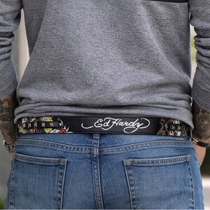 Ed Hardy Black Faux Leather Belt with Floral Print and Silver Studs
